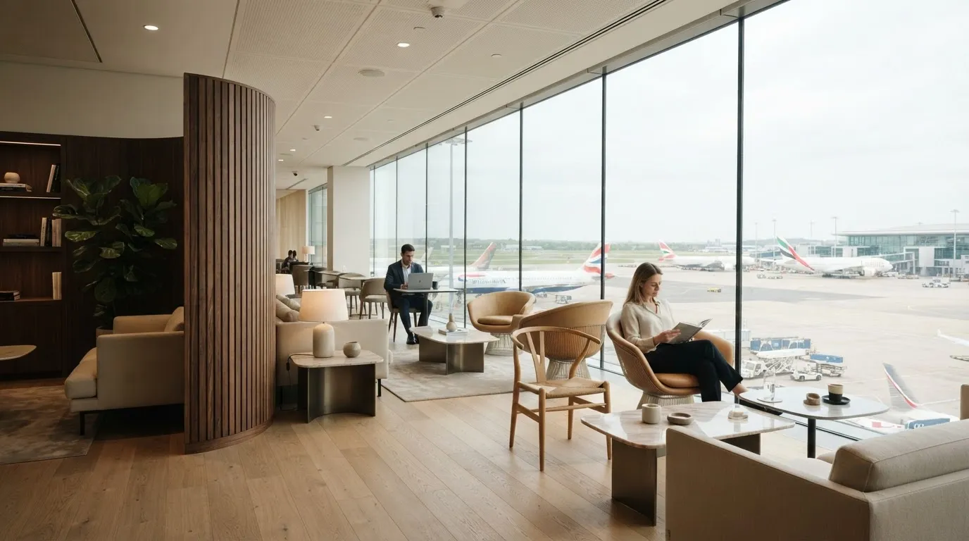 Bright airport lounge with seating overlooking the windows