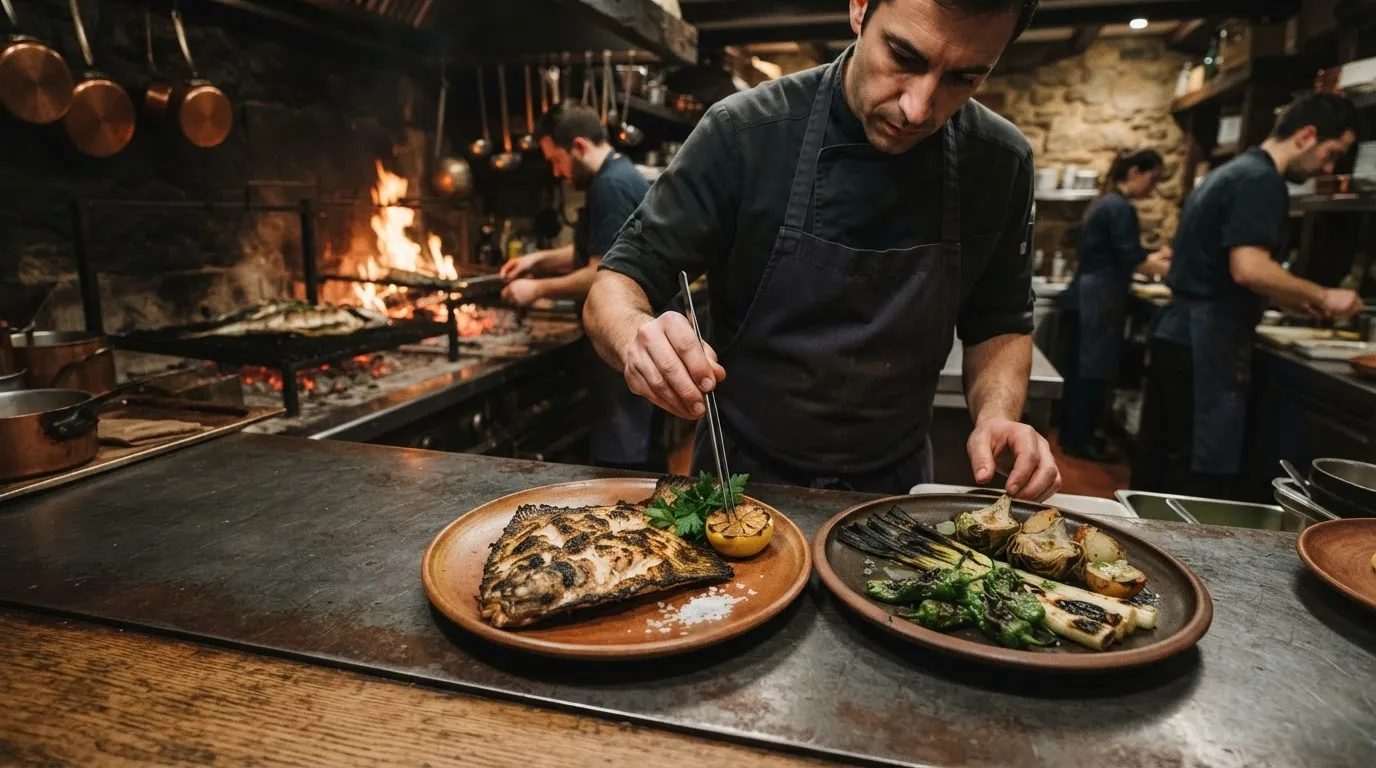 Food prepared over the open kitchen grill at Brat