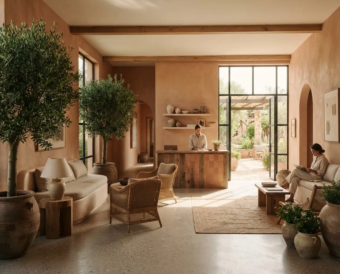 A sunlit lounge with warm wood, soft seating, and leafy plants