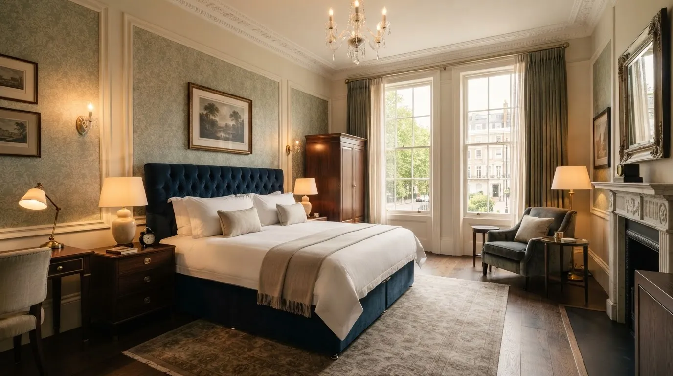 Warmly furnished guest room at The Ned London